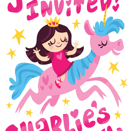 part of a children's birthday invite illustration featuring a girl and a unicorn